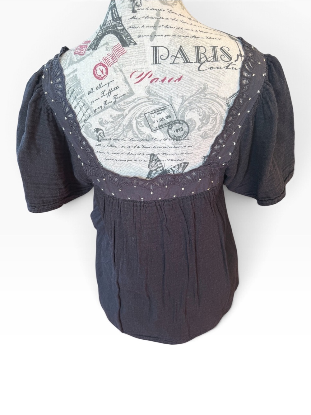 Sézane Charcoal Lace Trim Gold Dot Flutter Sleeve Blouse FR 36 US 4